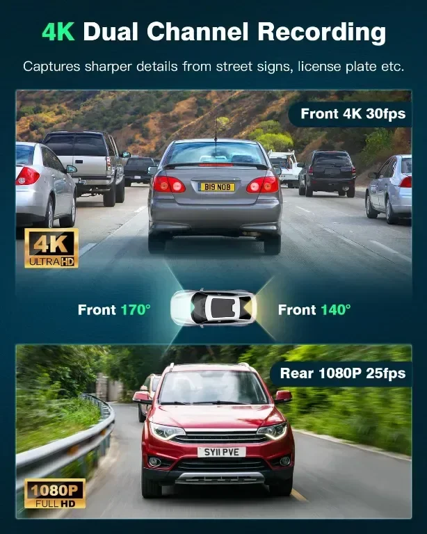 Автомобилна видеорегистраторна камера отпред и отзад 4K+1080P, UHD вграден WiFi с 64GB SD карта — снимка 3