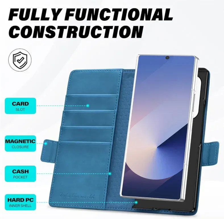 Калъф TUCCH за Galaxy Z Fold 6 (7,6") 5G, PU кожа с държач за писалка S, стойка, езерно синьо — снимка 5