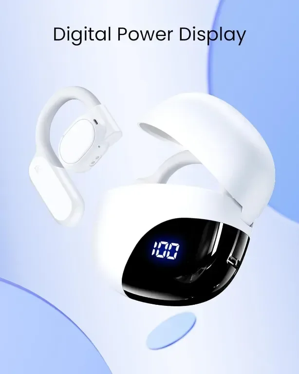 Слушалки с отворени уши, безжични Bluetooth 5.3 с калъф за зареждане с дигитален дисплей, IPX7, бели — снимка 4