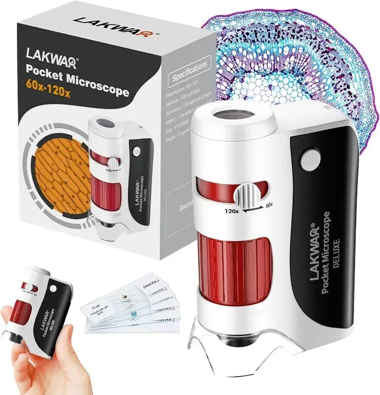 LAKWAR 60x-120x мини джобен микроскоп за деца с 5 предметни стъкла, бяло и черно