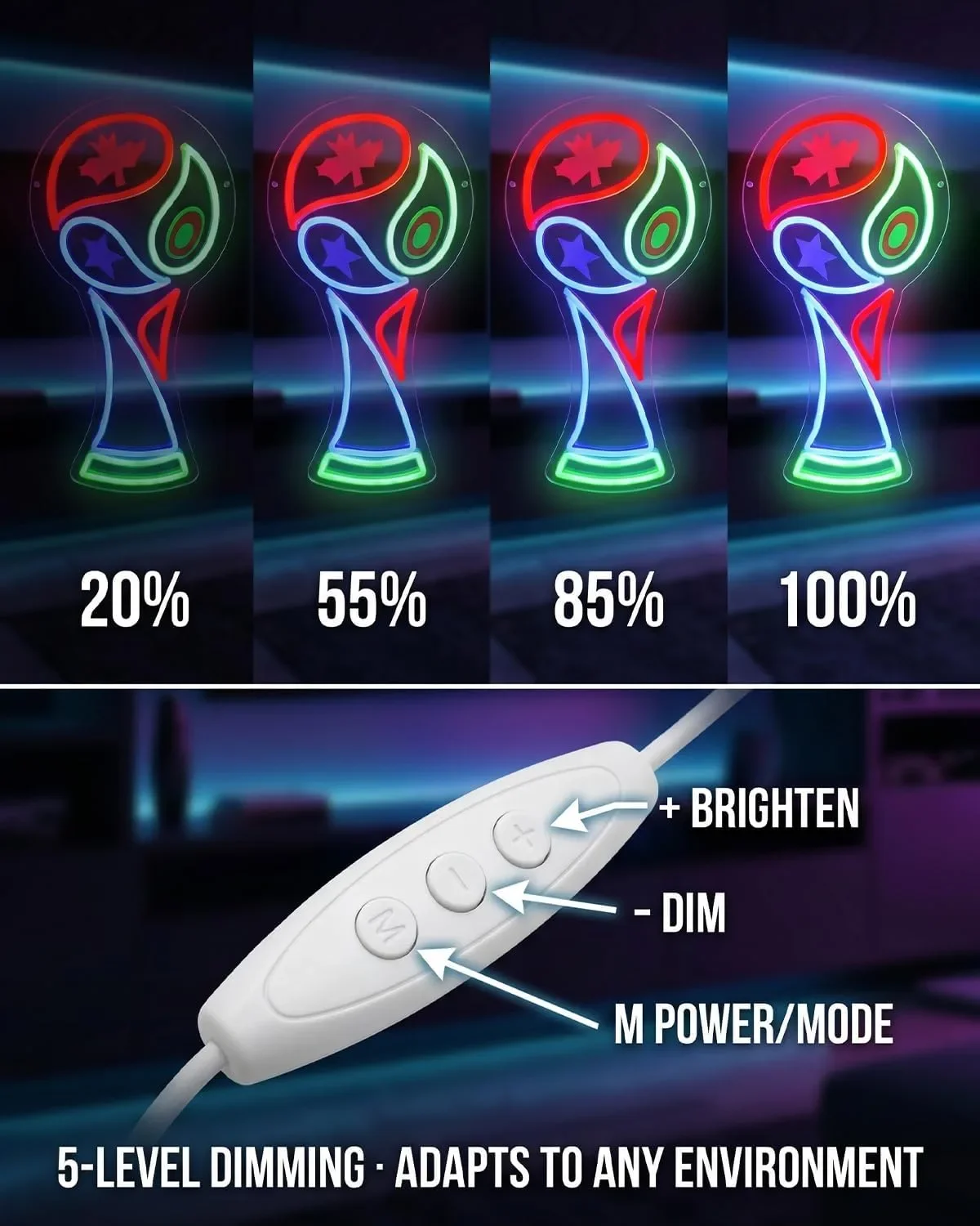 Смарт LED неон надпис/декор купа за световното 2026 – RGB, USB захранване, димиране и монтаж — снимка 4