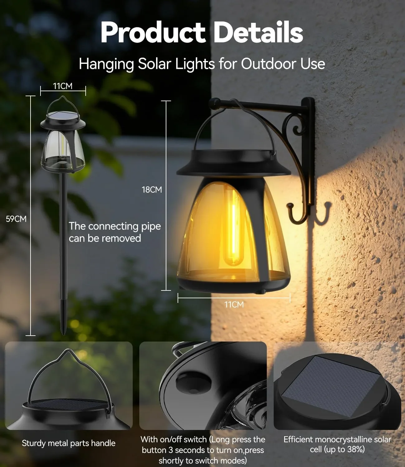 Комплект 2 броя висящи соларни LED фенера за градина и двор, IP65 водоустойчиви — снимка 3