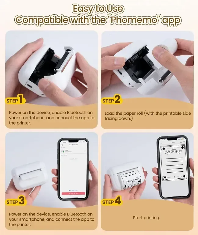 Tattmuse мини термичен принтер Q02E, Bluetooth, с 3 ролки термо хартия, бял — снимка 5