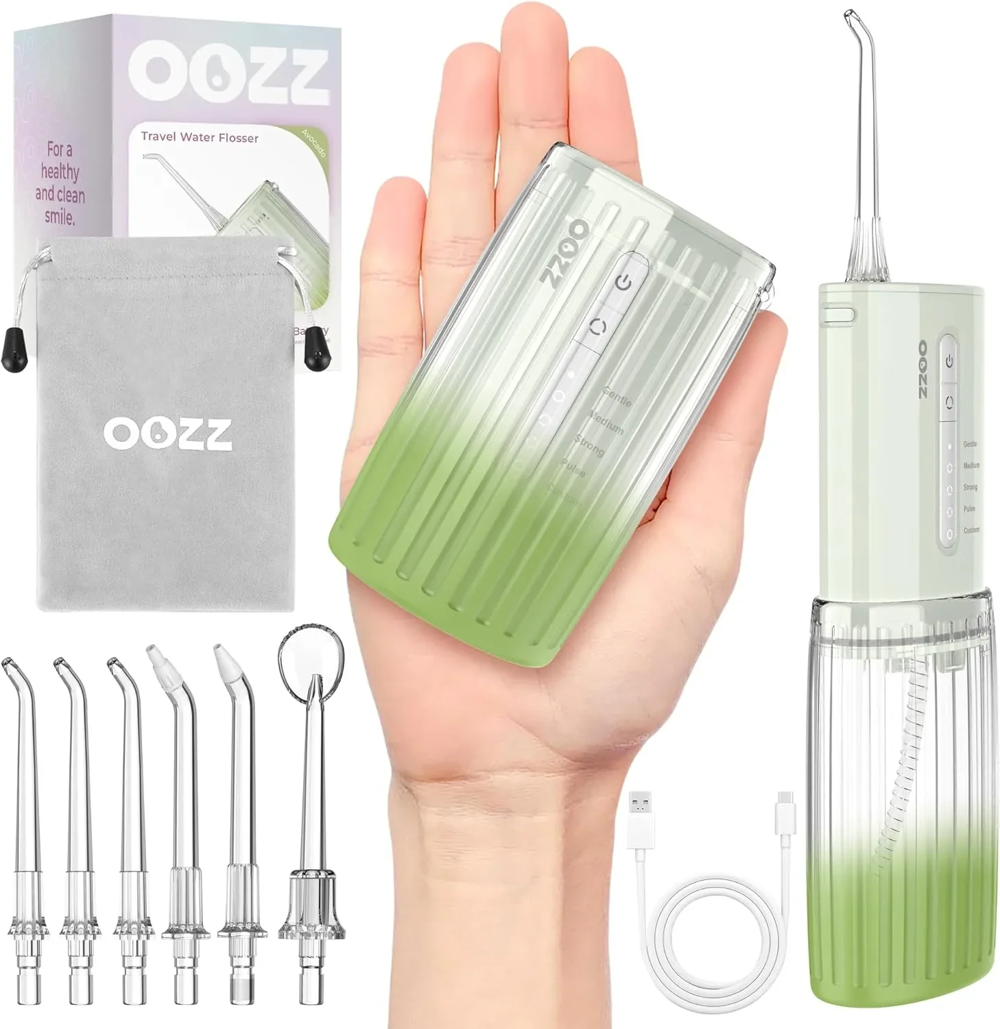 OOZZ Travel Water Flosser — преносим зъбен душ система за зъби с 6 накрайника и IPX8