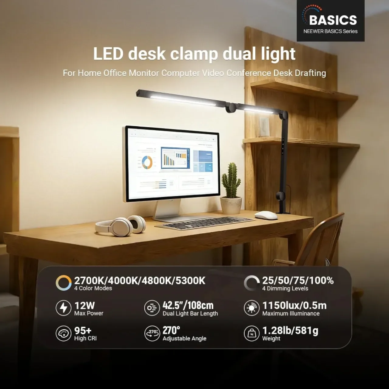LED лампа NEEWER 108 см с щипка и двойна светлинна лента за бюро, 12W, CRI95+, ME-DL02 — снимка 2
