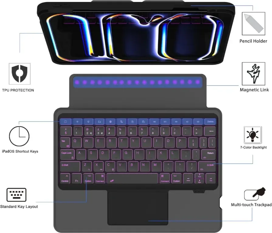 ROOFEI Калъф с клавиатура за iPad Pro 11-инчов (M4, 2024, A2836,A2837,A3006), 7 цветна подсветка — снимка 5