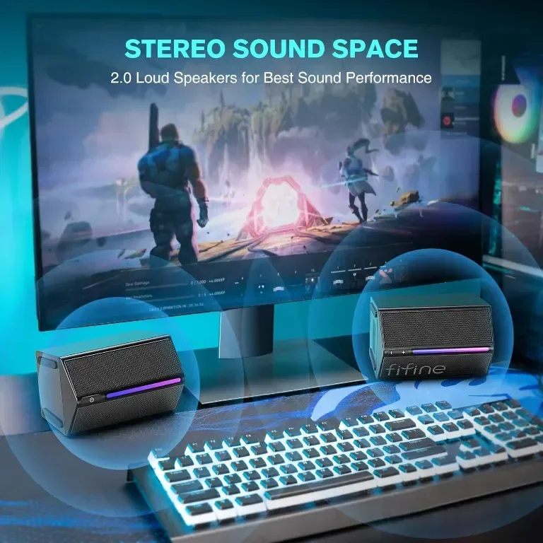 FIFINE RGB високоговорители за игри, кабелни, USB, с 3,5 mm Aux аудио кабел, Ampligame A20 — снимка 5