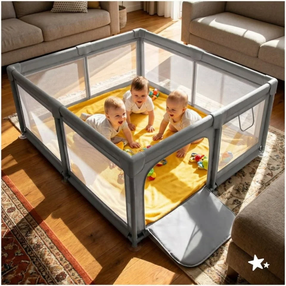 Бебешка кошара за игра и почивка 150x180 см, сива — снимка 4
