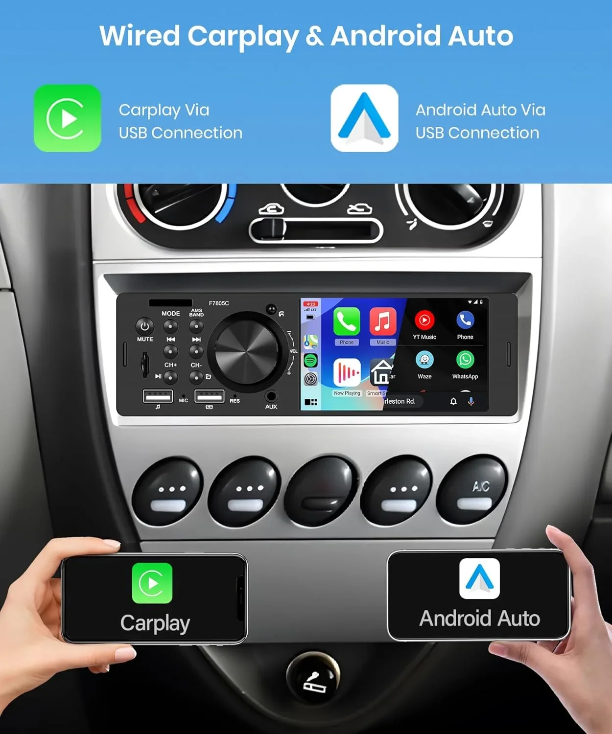 Еднодиново автомобилно стерео с 4-инчов сензорен екран и CarPlay/Android Auto — снимка 2