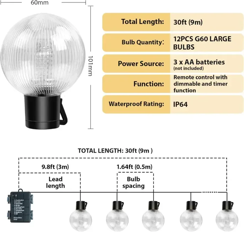 DSLebeen 9 м Водоустойчиви феерични светлини,захранвани с батерии,12 бр G60 LED крушки,дистанционно — снимка 6