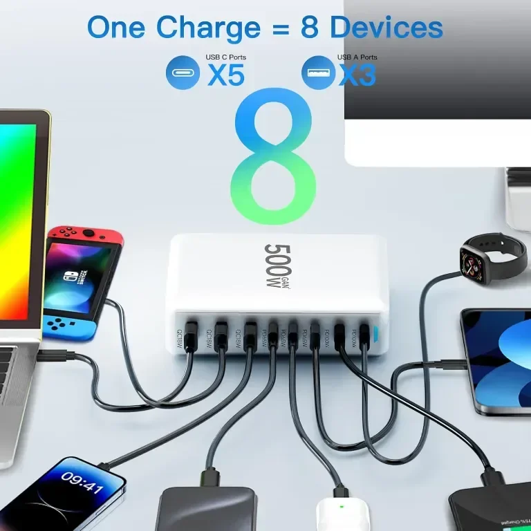 USB C зарядно устройство 500 W, 8 порта GaN3 USB C зарядна станция — снимка 4