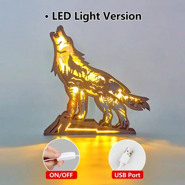 LED нощна лампа статуя на вълк 3D дърворезба за декорация — снимка 4