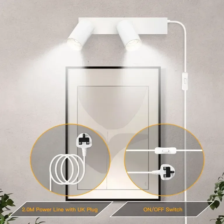 TaFiCo GU10 Модерна стенна лампа с щепсел, регулируема на 350°, 7W, бяла, крушката не е включена — снимка 7