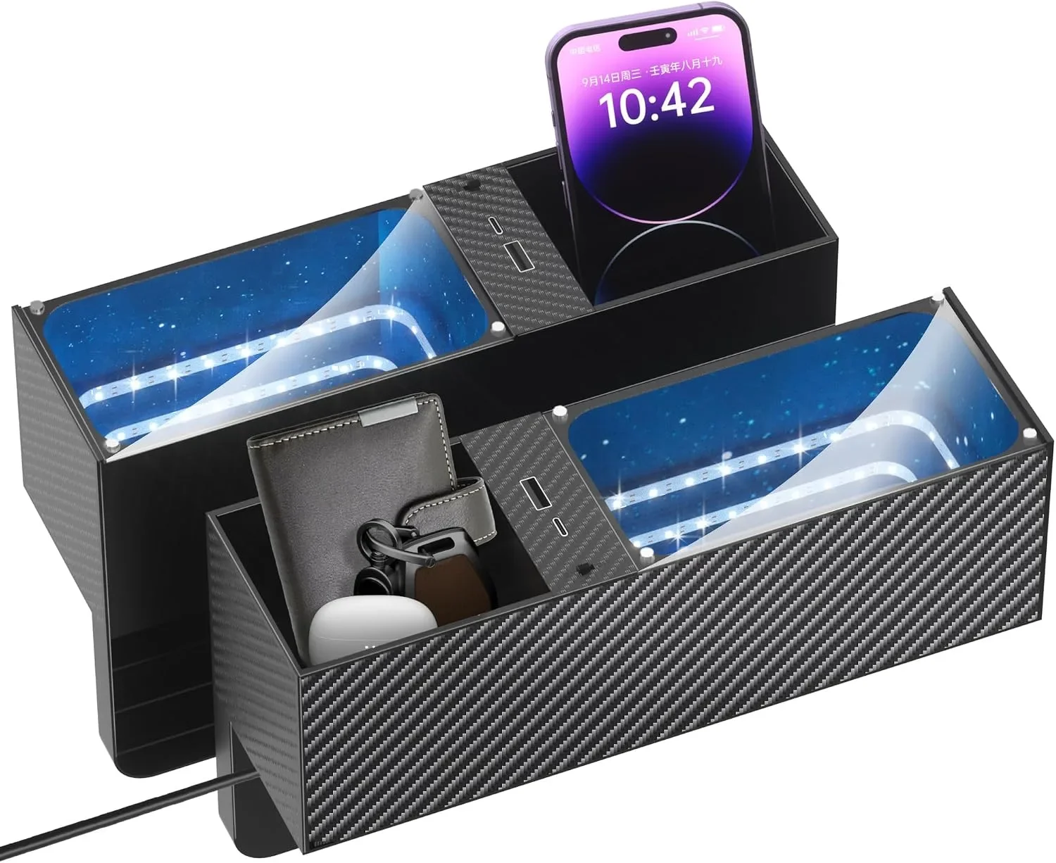 Комплект 2 органайзера за между седалките с LED осветление и USB-C