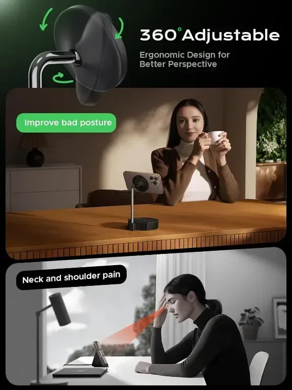 Threekey 15W Qi2 Mag-safe Съвместима безжична зарядна стойка за iPhone и Airpods, черна — снимка 4