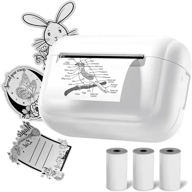 Tattmuse мини термичен принтер Q02E, Bluetooth, с 3 ролки термо хартия, бял