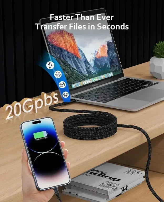 USB 4 кабел 240W, 70 см USB C кабел, поддържащ дисплей 8K@60HZ, 4K@144HZ, 20Gpbs пренос на данни — снимка 4