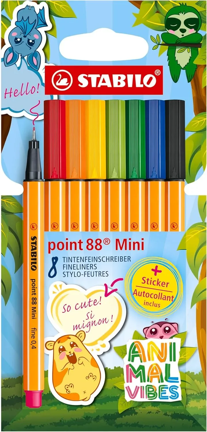 Маркери STABILO point 88 Mini „Ani Mal Vibes“, 8 броя (различни цветове)