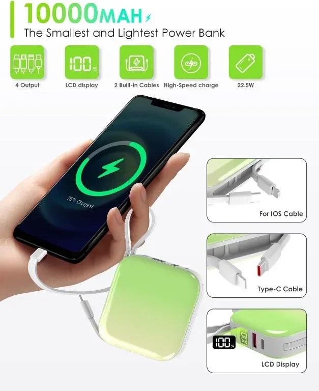 Преносимо зарядно Mini Power Bank, 22,5 W 10000 mAh, с вградени iOS и USB-C кабел — снимка 2