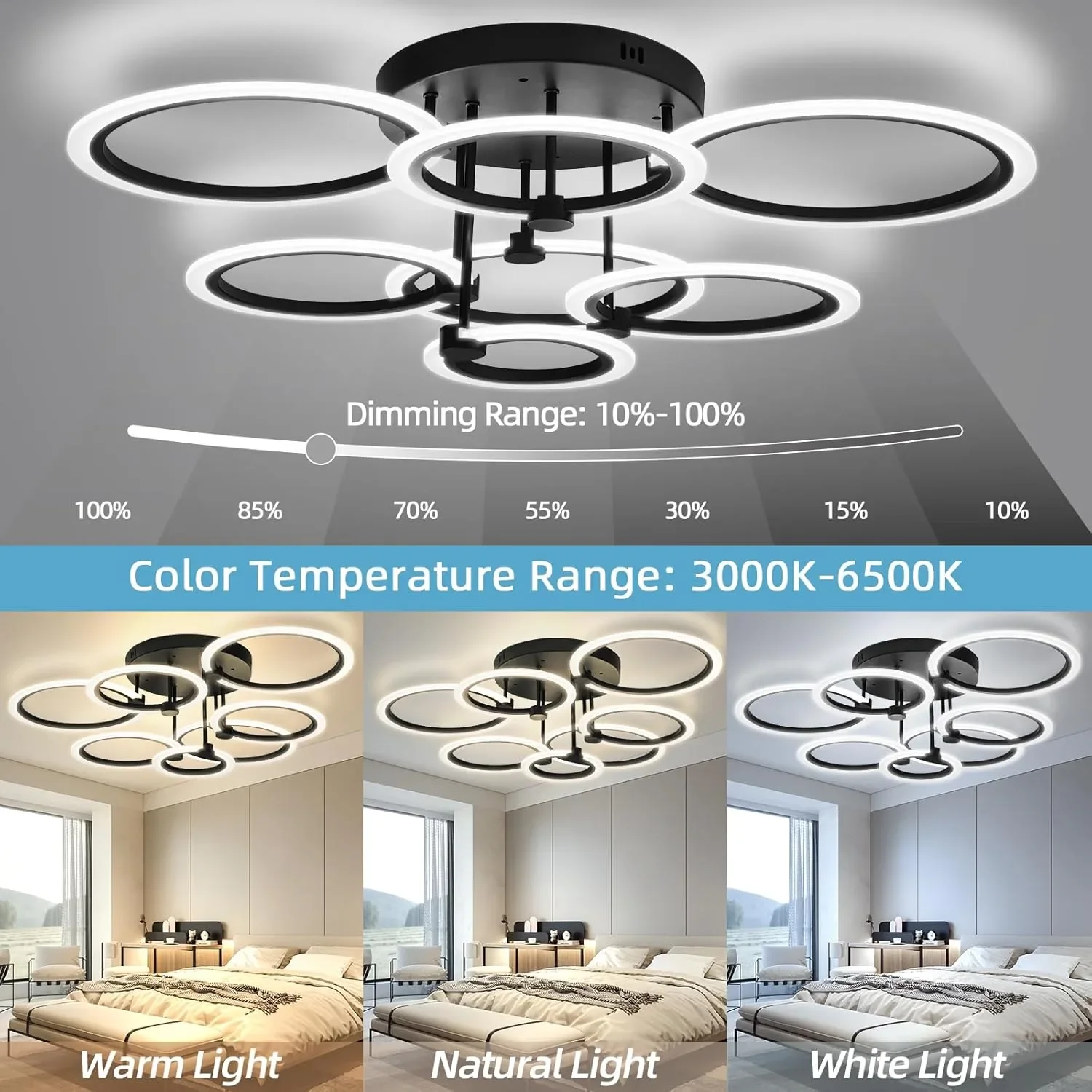 LED полилей за таван с кръгови пръстени, димиране 10–100% и дистанционно, 3000–6500K, 80 см — снимка 3