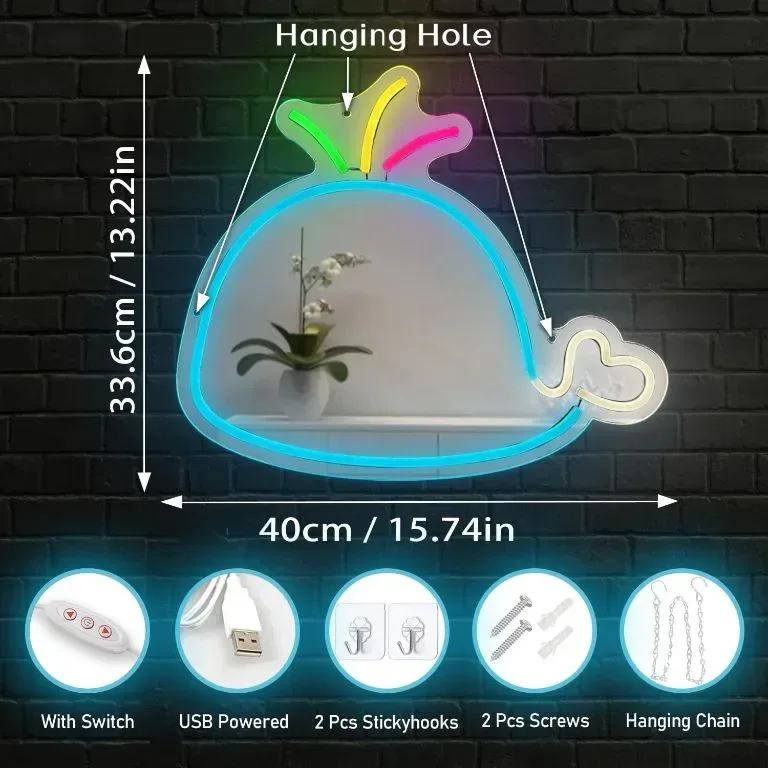 LED неонова табела Blue Whale за стенен декор, захранване от USB с димер — снимка 2