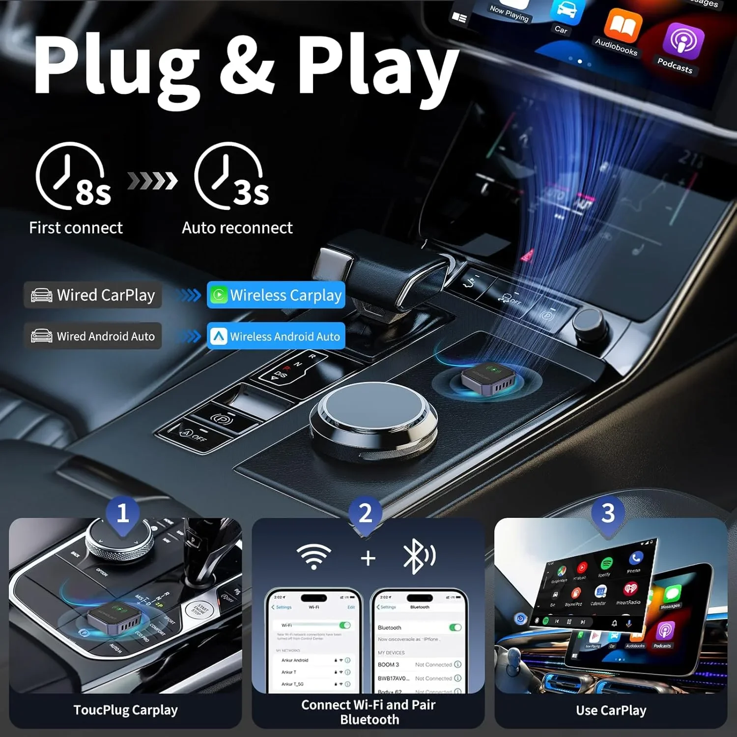 ACMOUNT 2-в-1 безжичен CarPlay и Wireless Android Auto адаптер (iOS 10+ / Android 11+) — снимка 3