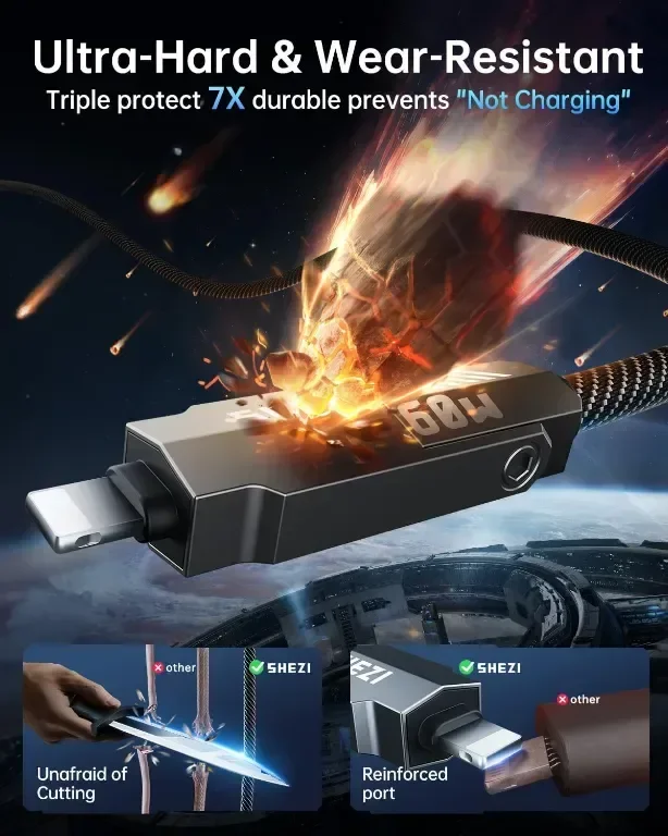 SHEZI 4 в 1 кабел за зареждане/данни с Lightning/Type C/USB A порт, 3 метра — снимка 7