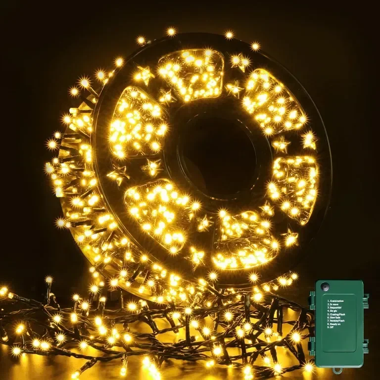ELKTRY 1000LED 50M Коледни светлини за открито, топло бяло, работи на батерия с таймер, 8 режима