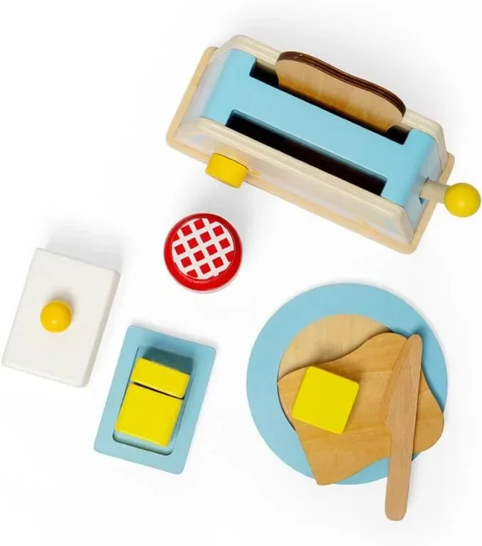 Bigjigs Toys Дървен комплект за закуска, кухненски аксесоари за игра за малки деца 18+ месеца — снимка 2