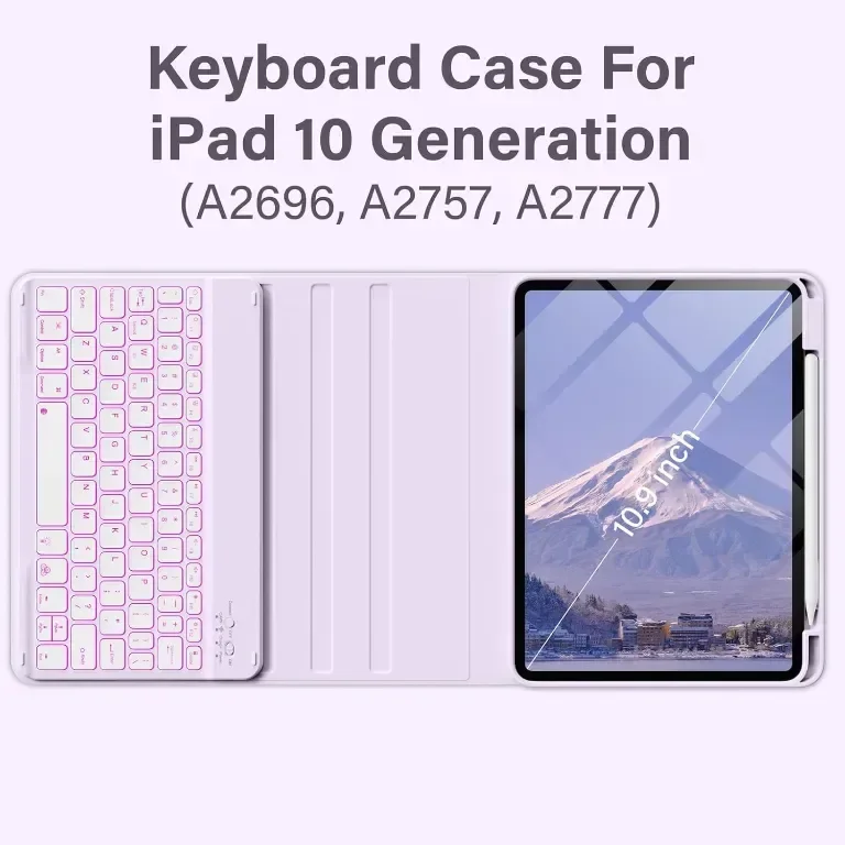 Калъф BQDIYOO с клавиатура за iPad 10-то поколение 10,9 инча, 7 цвята подсветка, лилав — снимка 2