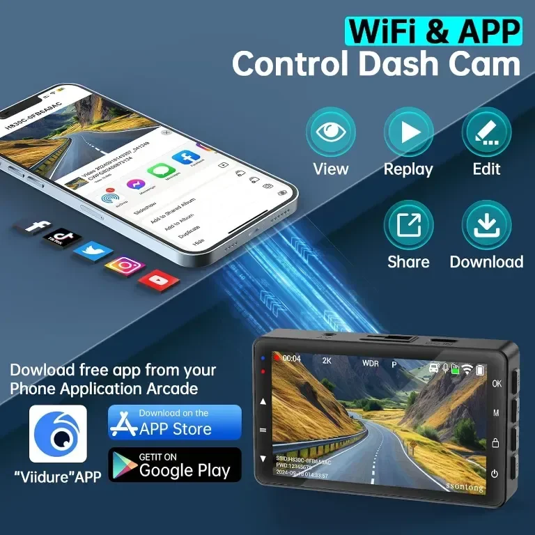 Dash Cam отпред и отзад, 2K, WiFi/БЕЗПЛАТНО ПРИЛОЖЕНИЕ, отпред 170°+140° отзад — снимка 2