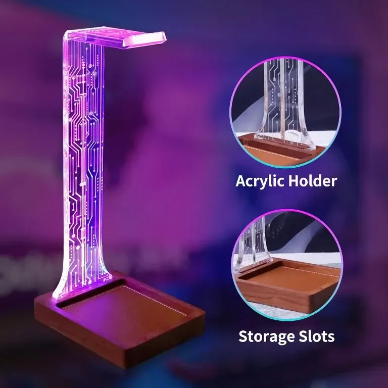 Стойка за слушалки COOLGIFT MART с табла, дърво със сини/розови LED нощни светлини — снимка 7