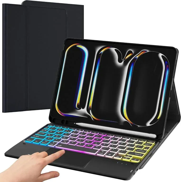 Калъф с клавиатура за iPad Pro 11-inch (M4) 2024, 3 зони и 7 цвята, подвижна клавиатура с подсветка