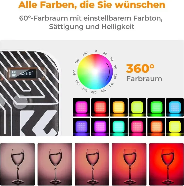 K&F Concept RGB Video Light, 360° пълноцветен преносим с 21 светлинни ефекта, 2500K-9900K CRI 96+ — снимка 3