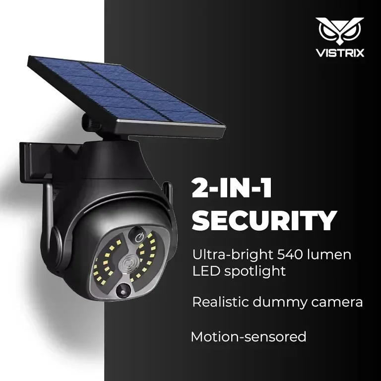 Vistrix соларна LED охранителна лампа и макетна CCTV камера с PIR сензор, IP65, черна — снимка 2