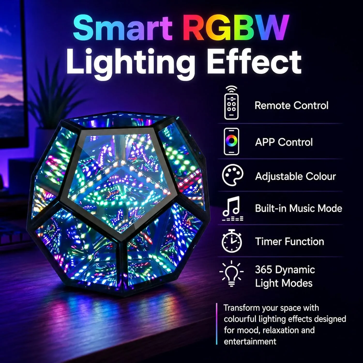 RGBW Infinity Mirror LED лампа с дистанционно и APP контрол (умно осветление) — снимка 2