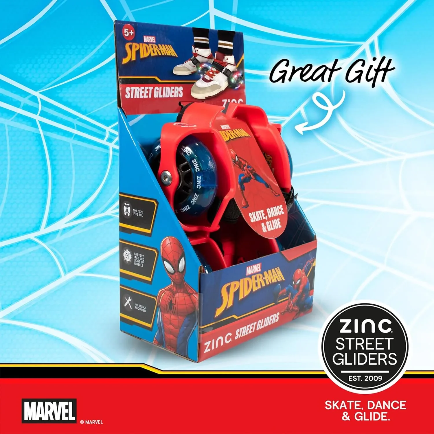 Zinc Street Gliders Marvel Spider-Man – светлинни плъзгащи обувки за лед/тротоар, 5+ години — снимка 7
