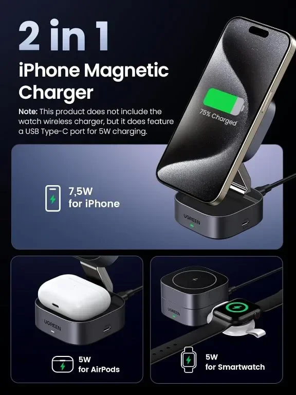 UGREEN MagSafe Charging, 2-в-1 магнитна станция за зареждане, (без адаптер) — снимка 2