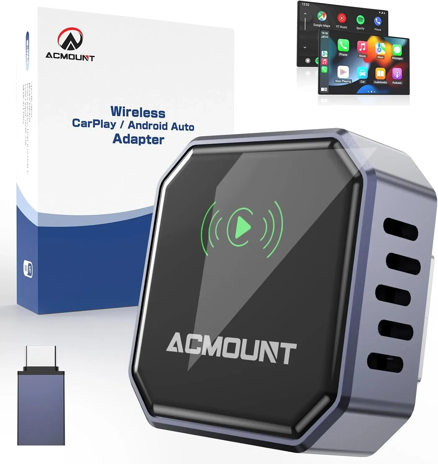 ACMOUNT 2-в-1 безжичен CarPlay и Wireless Android Auto адаптер (iOS 10+ / Android 11+)