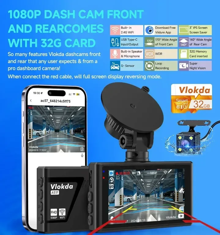 Dash Cam отпред и отзад, 1080P WiFi/APP контрол, 32GВ карта, нощно виждане, WDR, G-сензор — снимка 6
