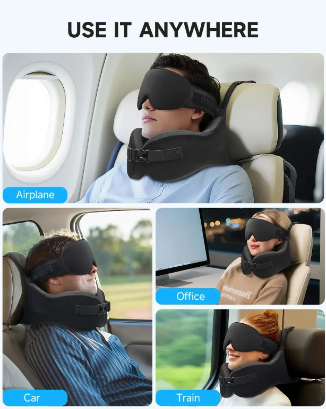 Възглавница за пътуване Umisleep с маска за очи и чанта за носене, черна — снимка 9
