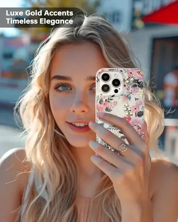 SCORPIFY Калъф за iPhone 16 Pro Max, сладко прозрачно покритие с цветя и златни акценти за жени — снимка 4