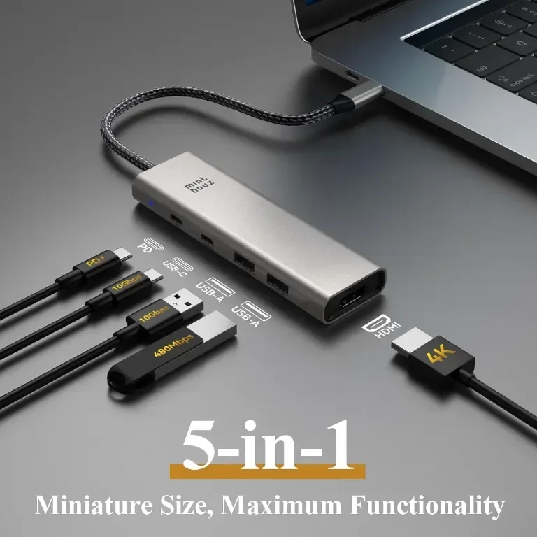 Minthouz USB C хъб, 5 в 1 многопортов адаптер, USB C към HDMI с 4K@60Hz, 140W PD, 2 Type-A&1*Type-С — снимка 2