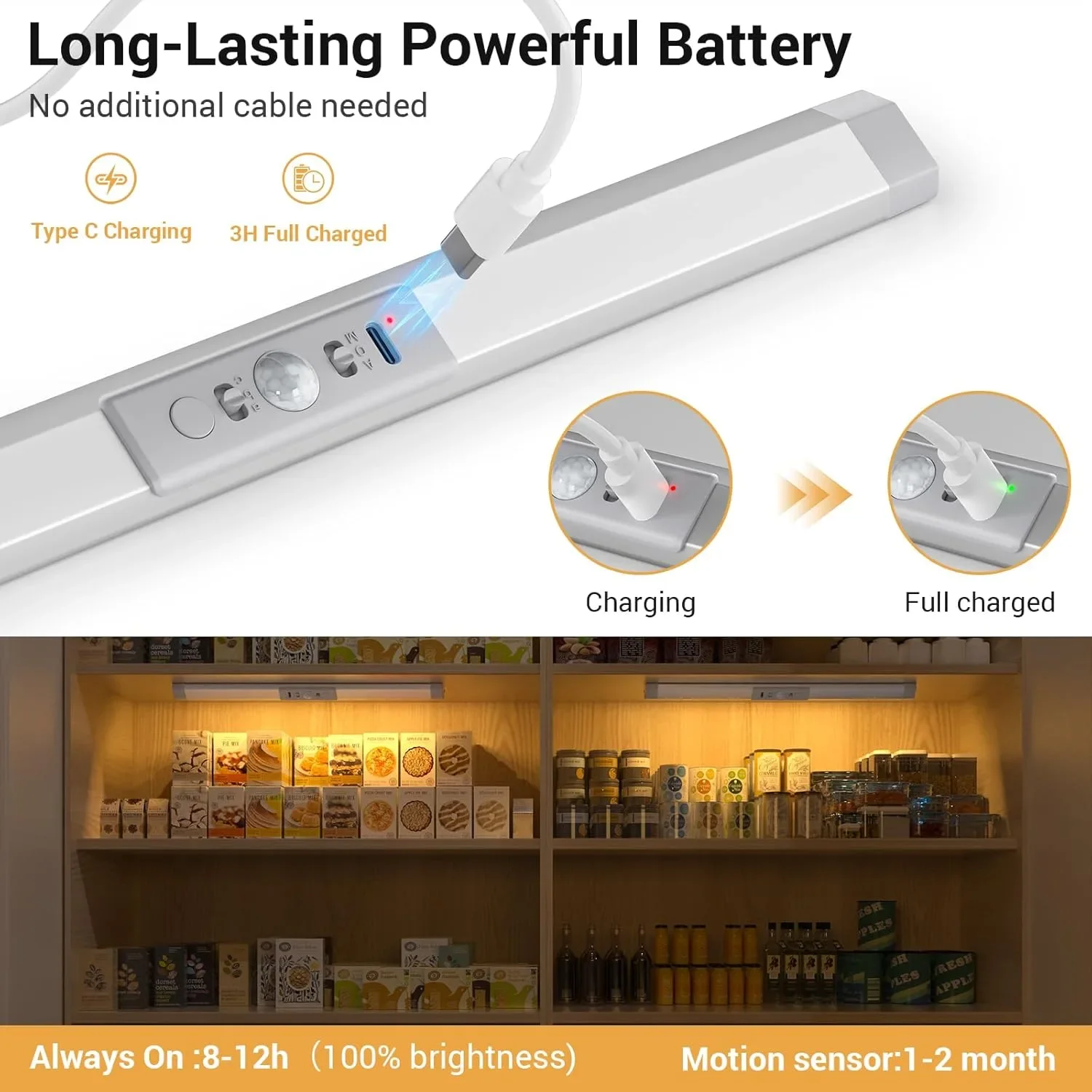 Осветление за гардероб и шкафове LED, PIR сензор (акумулаторно зареждане Type-C) — снимка 2