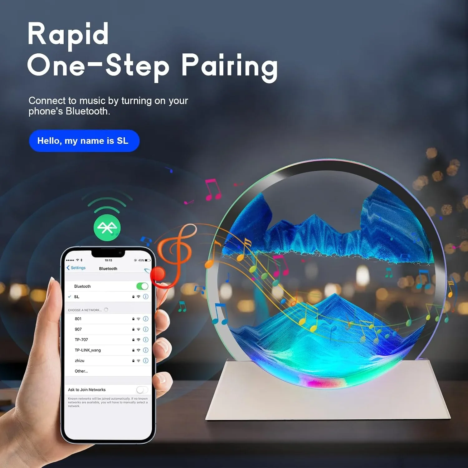 Смарт LED нощна пясъчна лампа с 360° въртящ се пясък, Bluetooth музика и дистанционно управление (USB) — снимка 4