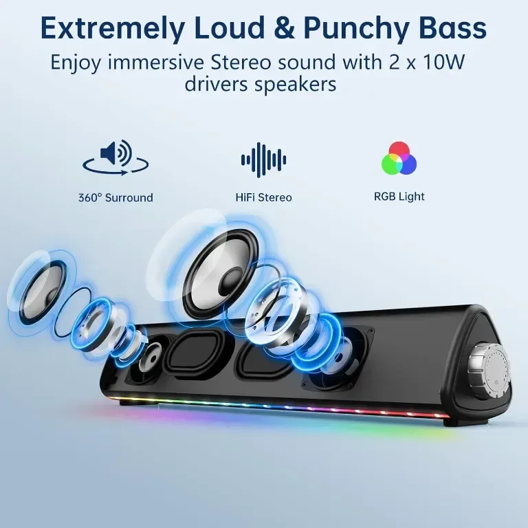 SOMEYOU Bluetooth високоговорител за компютър, 20 W стерео звук, 3,5 mm Aux-in — снимка 2
