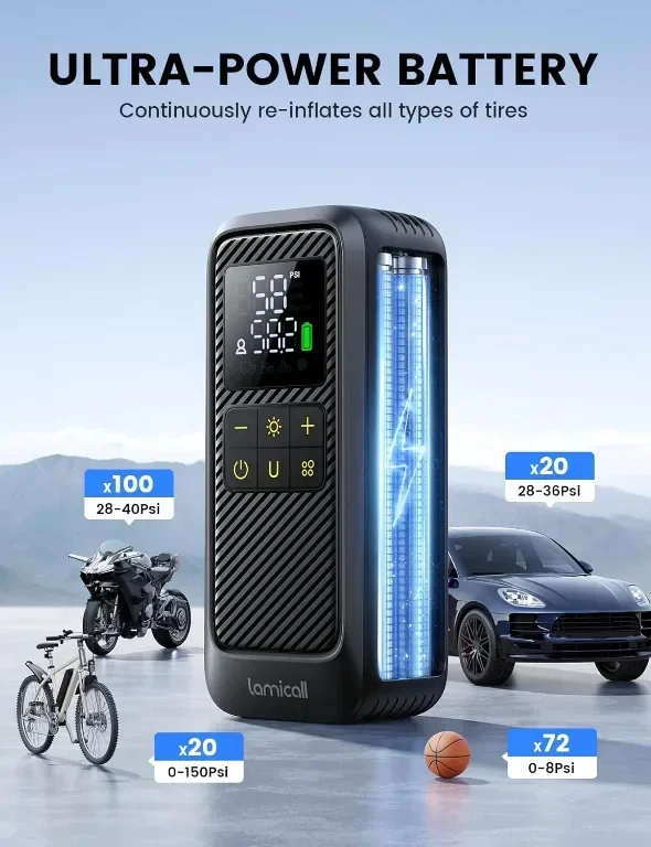 Lamicall Преносима въздушна помпа с цифров манометър и LED светлина, 150 PSI — снимка 3
