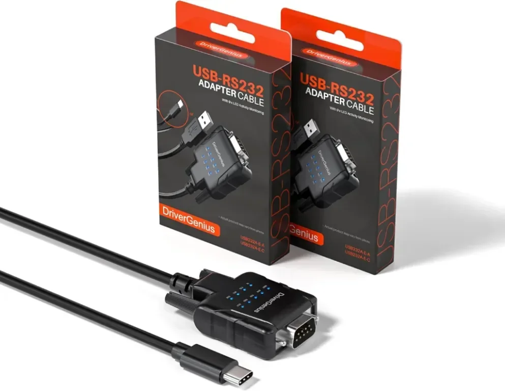 DriverGenius USB232A-E-C | USB-C към сериен/RS232 (DB9) адаптер,Windows 11,macOS 15 (пакет от 2 бр)