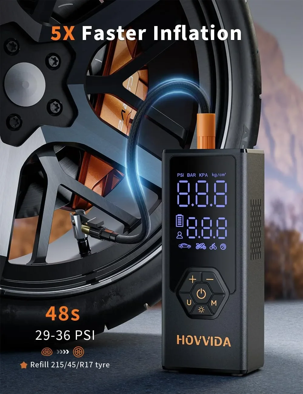 Преносим въздушен компресор за гуми HOVVIDA, 7800 mAh, 12V DC, до 150 PSI, 40 л/мин — снимка 6