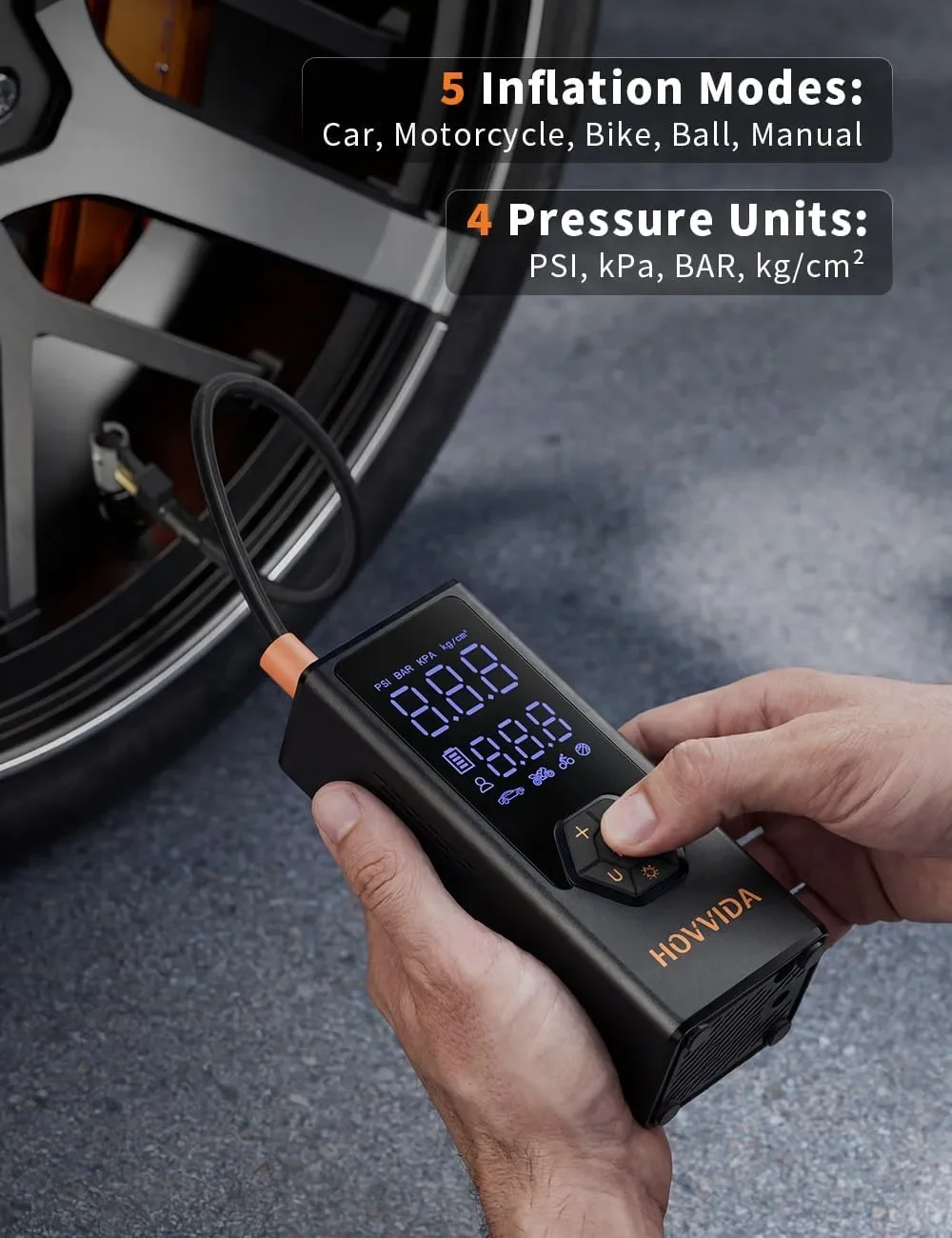 Преносим въздушен компресор за гуми HOVVIDA, 7800 mAh, 12V DC, до 150 PSI, 40 л/мин — снимка 3
